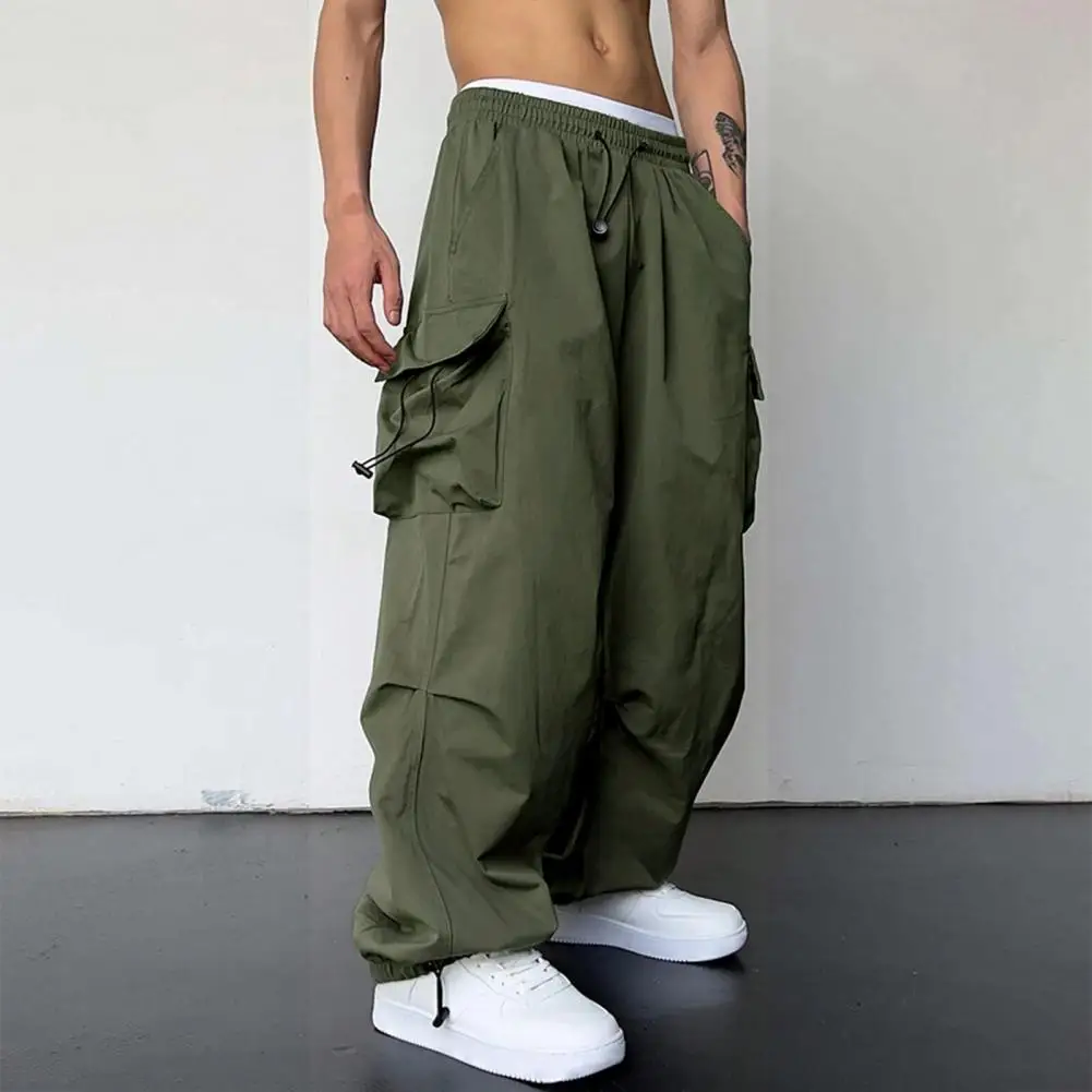 

Men Cargo Pants Multi Pocket Oversized Solid Color Elastic High Waist Deep Crotch Ankle-banded Soft Breathable Hip Hop Streetwea