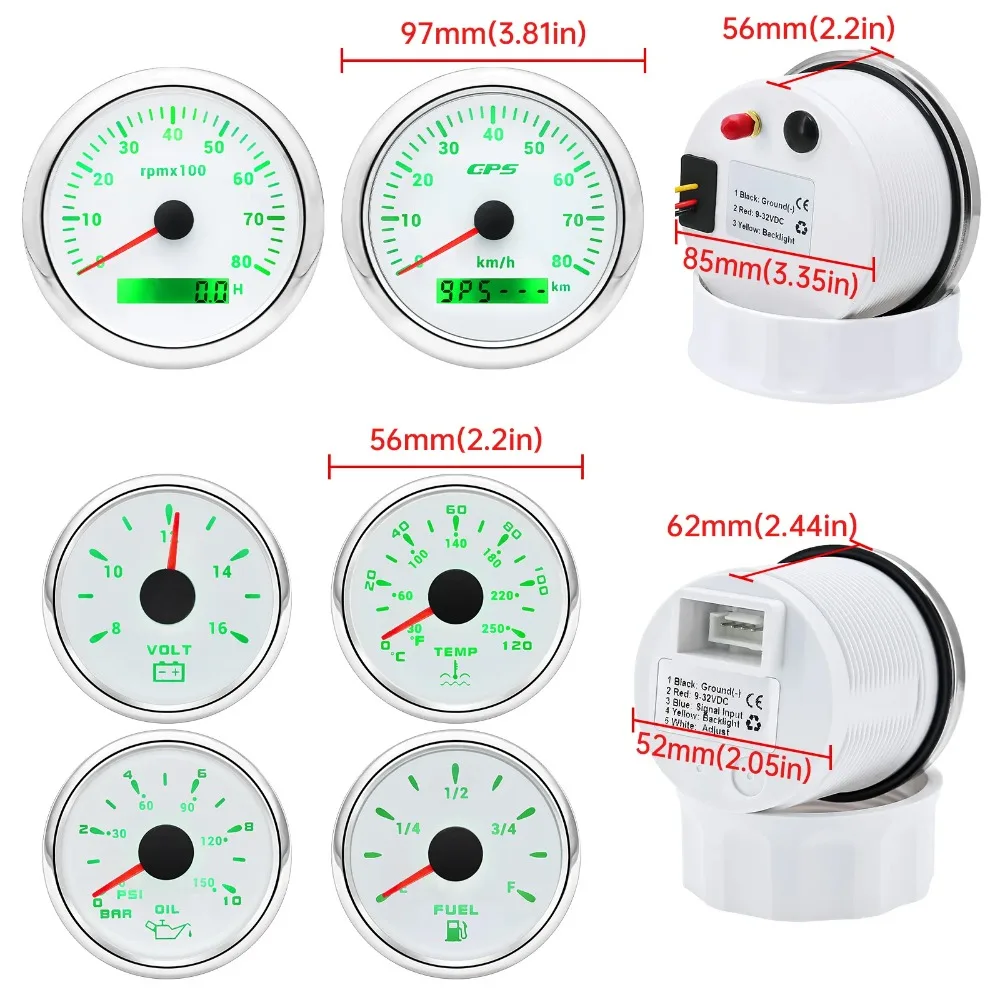 85MM+52MM 게이지 세트(센서 포함) 1/8NPT 자동차/보트용 방수 속도계(MPH/Km/h) 수온계, 전압계, 오일 압력계, 타코미터, 연료 게이지