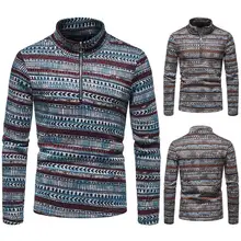 

Men Sweater Long Sleeve Zipper Stand Collar Menswear Ethnic Print Knitted Tops for Autumn Winter
