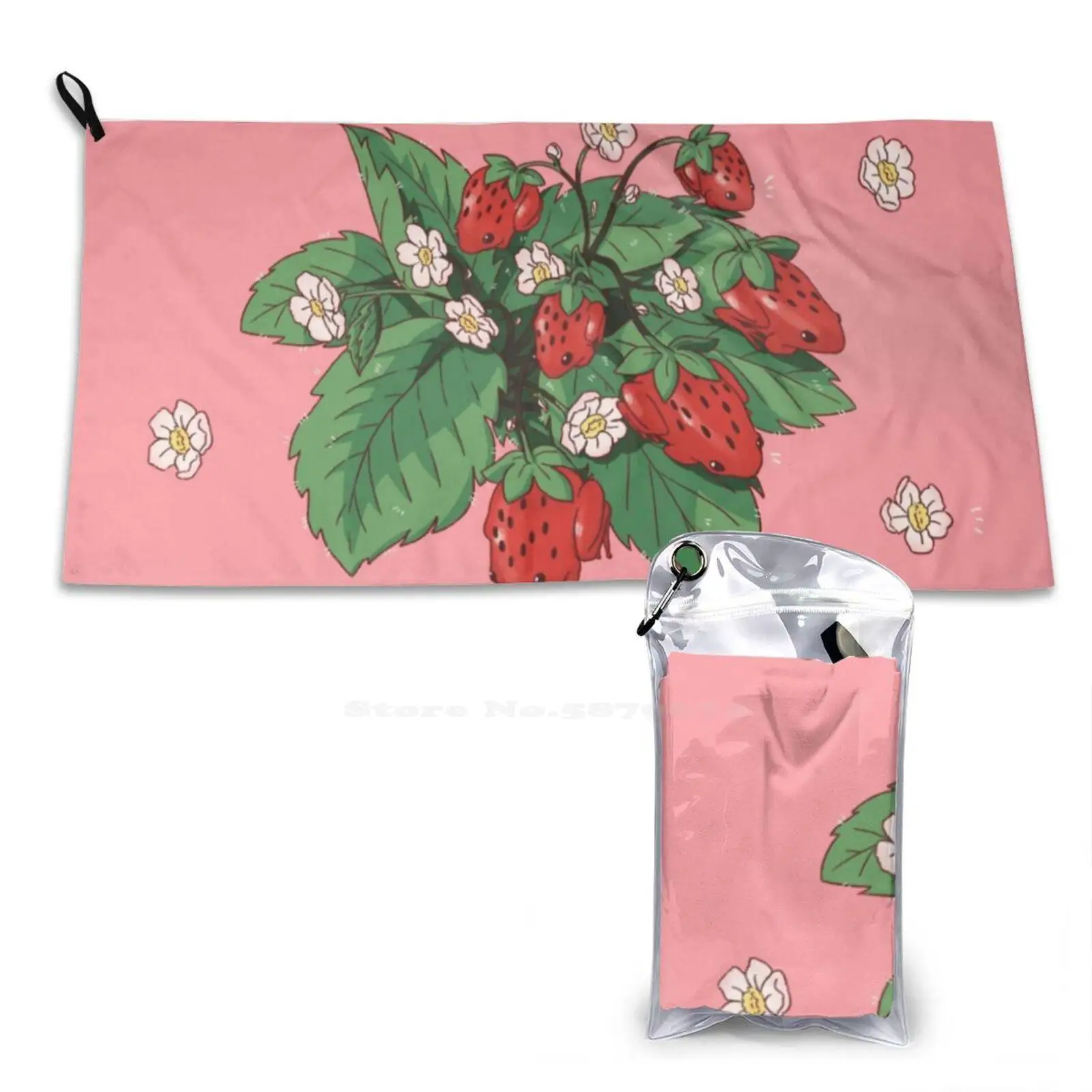 Fragola Rana Morbido Asciugamano Da Bagno Asciugamano Outdoor Cottagecore Fragola Rane Fragole Fiore Fiore Vossenart Vossen Art