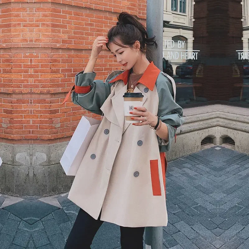 Women Spring Long Contrast Stitched Windbreaker 2024 New Patchwork Trench Windbreaker Casual Lady England Style Jacket Thin Coat