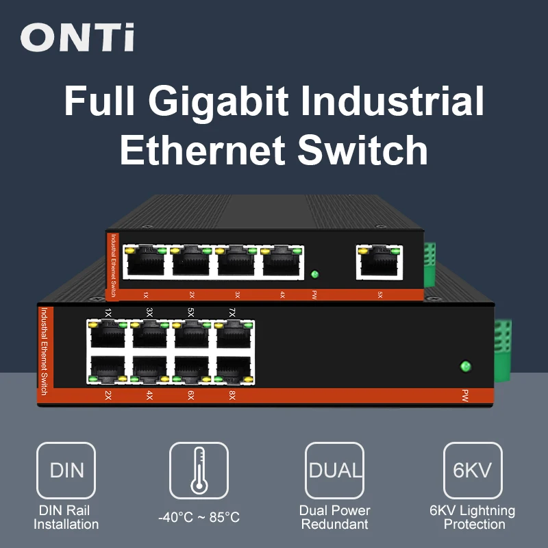 

ONTi 5/8 Port Full Gigabit Industrial Ethernet Switch 10/100/1000Mbps -40 to 85°C DIN-Rail IP40 6KV Lightning Protection