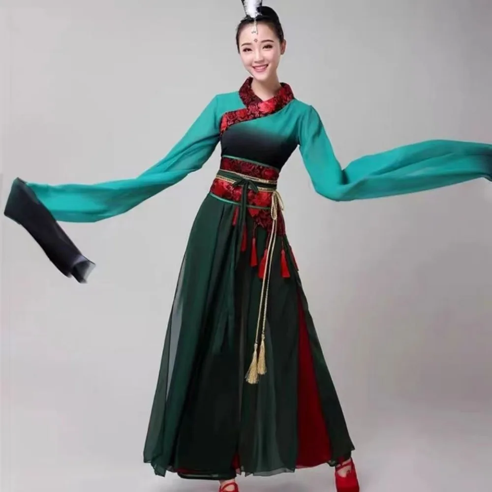 Women Chinese Classical Dance Clothing Water Sleeve Green Dance Performance Costume Stage Outfit