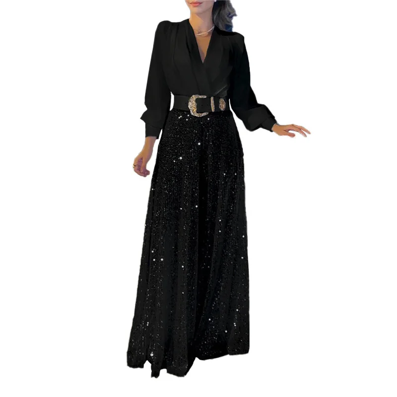 Fashion New V-Neck Women's Clothing 2023 Autumn Long-Sleeved Shirt With Elegant Waist-Slimming Sequin Wide-leg Pants Casual Suit