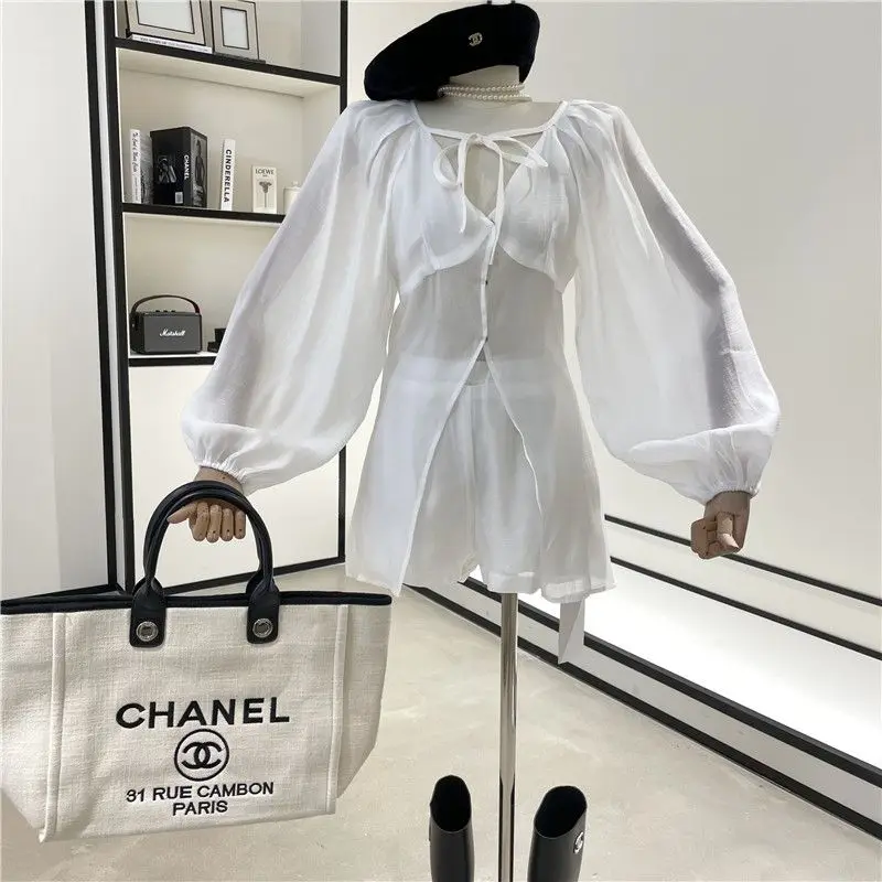 Spring 2023 New Fashion Women's Suit Lace Up V-neck Sun Protection Cardigan + High Waist Slimming Short Pants Two-piece Sets