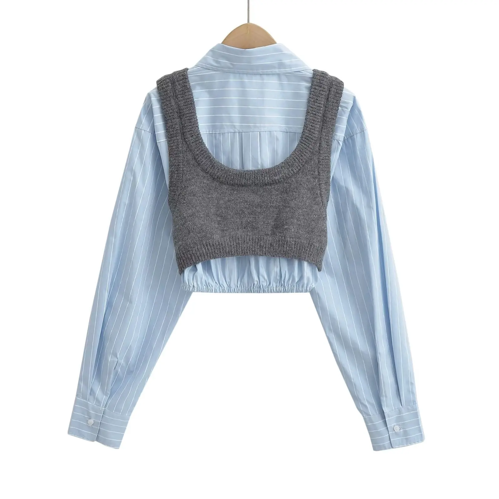 Two Piece Women Cropped Plaid Shirt And Knitted Vest
