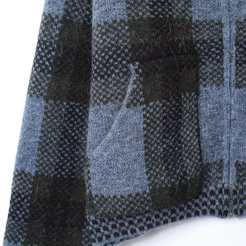 Women's Vintage Plaid Knitted Cardigan Female Loose Long-Sleeved Zipper Sweater Jacket  Autumn Winter Lady Street Knitwear Tops