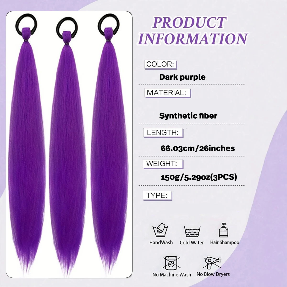 Synthetic 3 pieces/pack purple rubber band ponytail straight hair woman fluffy braided ponytail cosplay ponytail