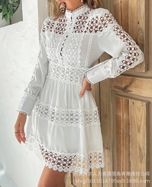 

Elegant Womens Dress 2024 Summer Long Sleeve Single Breasted Button Hollow Out Lace Patchwork Embroidery Dress Vacation