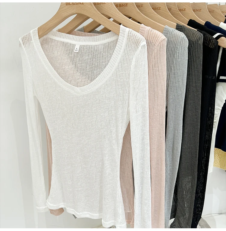 Zjaiss Damen T-Shirt mit V-Ausschnitt, Sonnenschutz, Langarm, Sommer 2026, Neuer Lazy-Style, Transparentes, Dünnes, Durchsichtiges Überwurf-Top – Detail 7