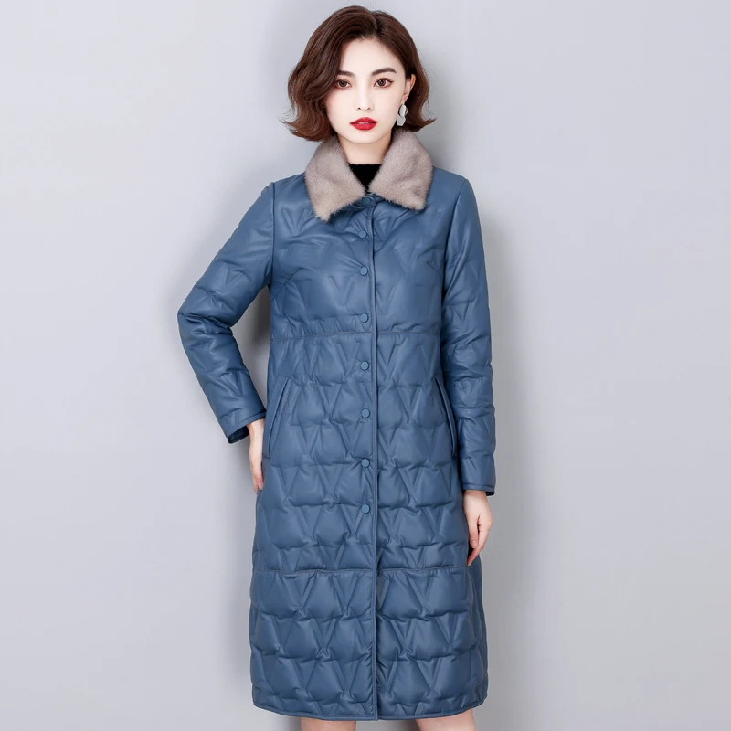 

Real Mink Fur Collar Down Leather Jacket Women's 2023 Winter 90% White Duck Down Coat Female Single Breasted Over The Knee Parka