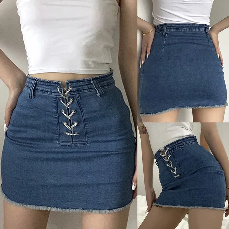 2024 Fashion Women's Sexy Chain Strap Lace-Up High Waist Bag Hip Stretch Bodycon Party Club Denim Mini Skirt Faldas Femininas