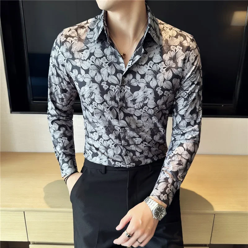 Mens Printed Shirt 2024 Autumn New Long Sleeved Elastic Slim Fit Camisas Club/Prom Tuxedo Dress Shirt Tops Casual Men Clothing