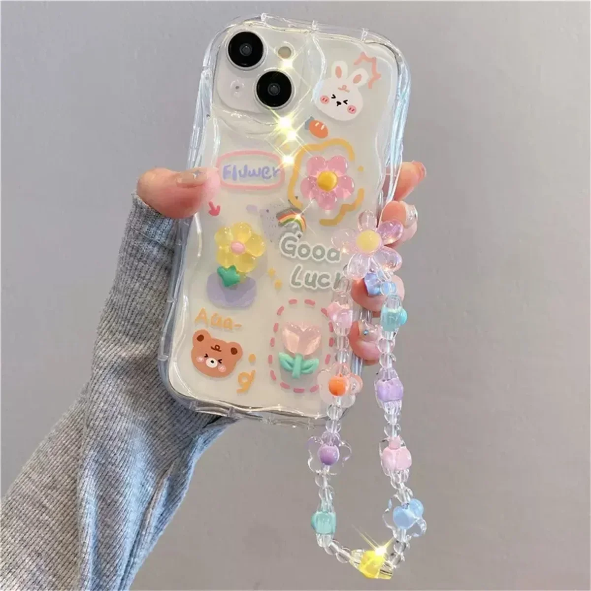 thumbnail image 1 of Funda transparente suave con cordón para teléfono con diseño de oso 3D coreano para iPhone 16, 15, 14 Pro Max, 11, 13, 12 Mini, XR, 8, 7 Plus, X, XS, SE, 1 of 5