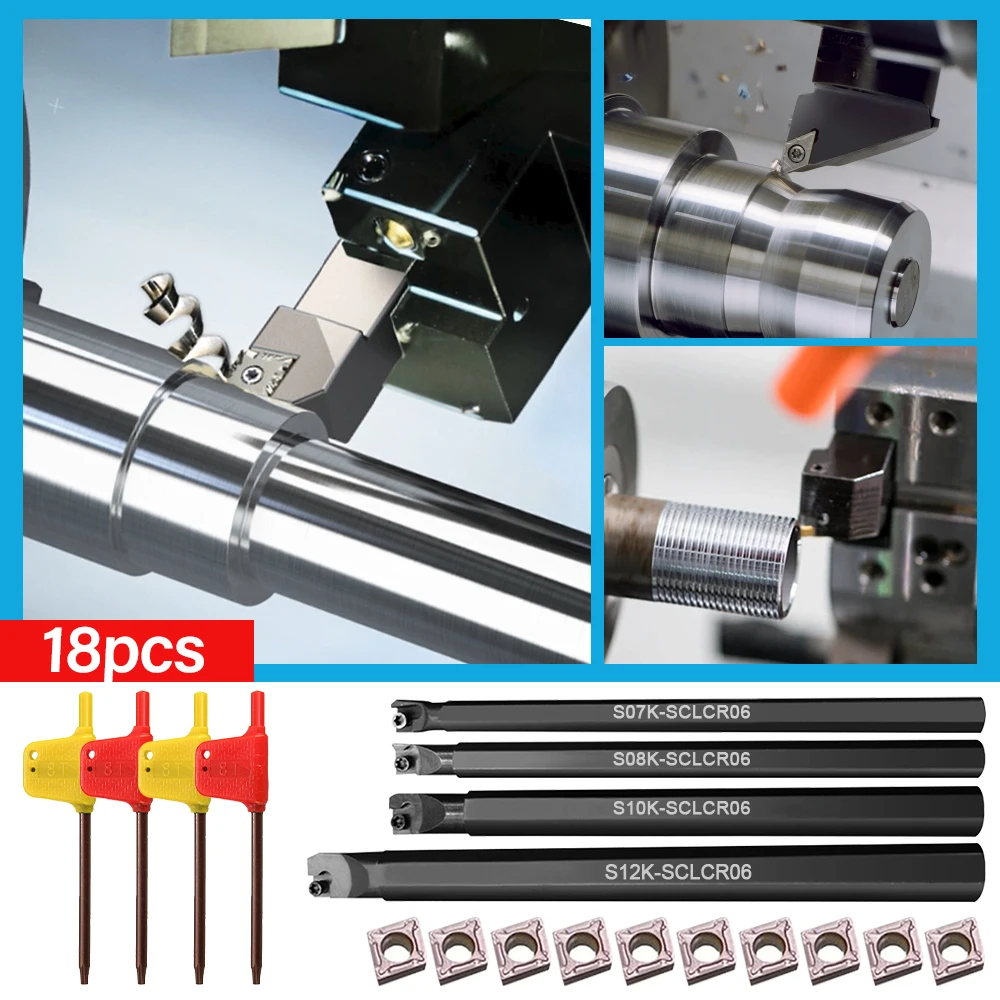 CNC Cutting Tool Holder 4 Set of 7/8/10/12mm SCLCR Lathe Boring Bar Turning Tool Holder +10Pcs CCMT 0602 Inserts Blades