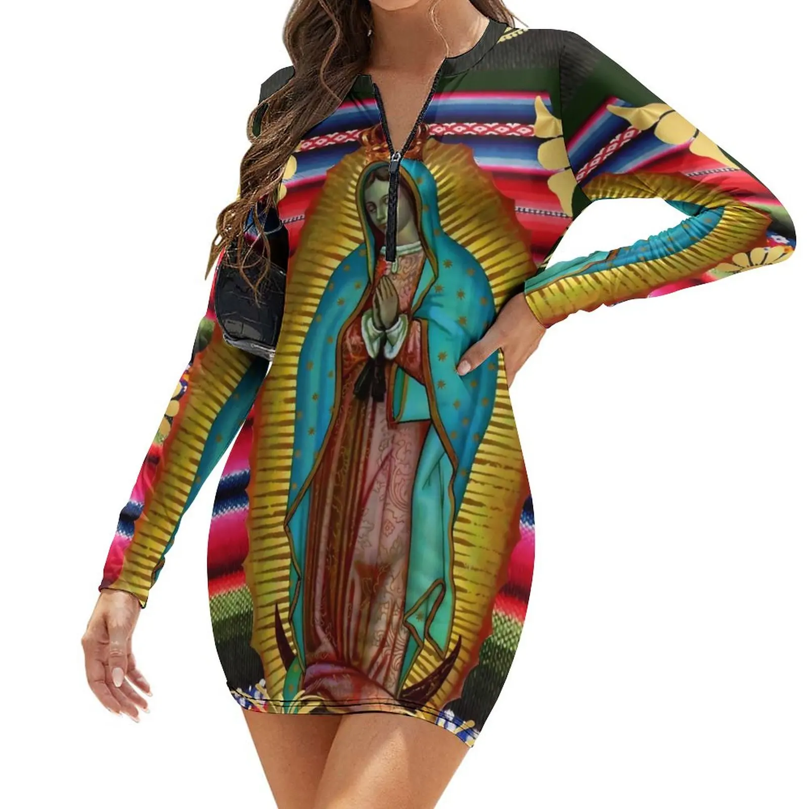 

Our Lady of Guadalupe Dress Long Sleeve Virgin Mary Zarape Night Club Dresses Holiday Female Street Fashion Design Bodycon Dress