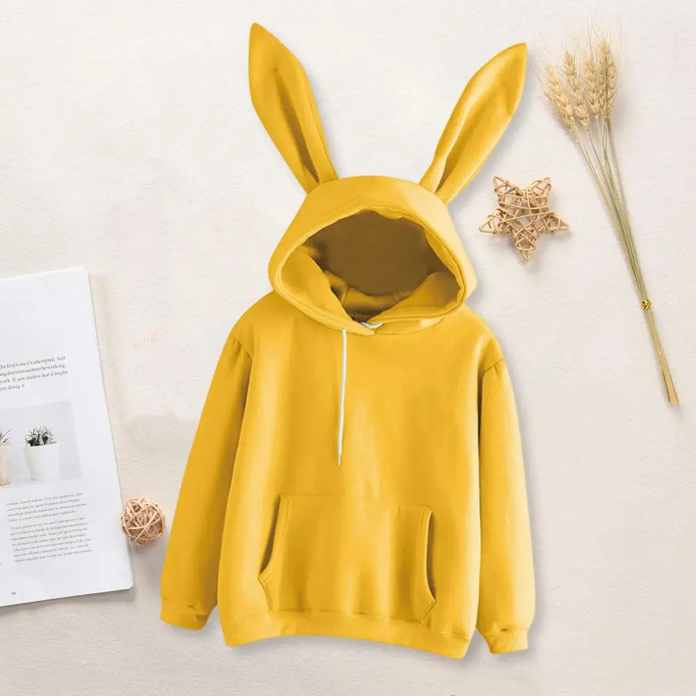 

Pullover Hooded Sweatshirt Cozy Bunny Ear Hoodie for Women Soft Warm Hooded Top with Drawstring Elastic Cuff Fall Winter Solid
