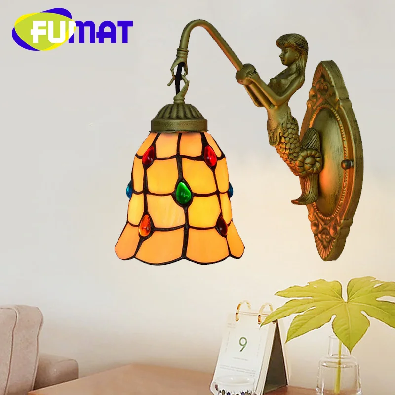 

FUMAT Tiffany style stained glass colored beads Mermaid sconce light Restaurant Bedroom bar aisle balcony wall lamp LED decor