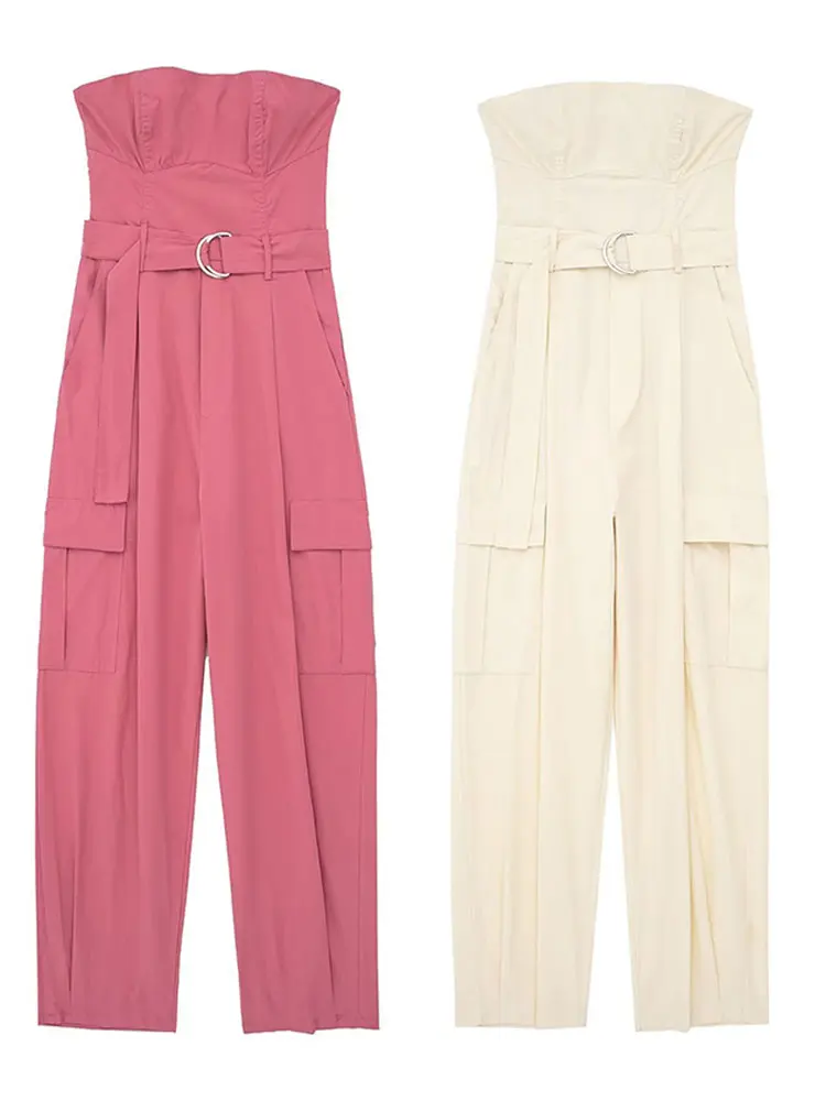 Sexy Strapless Jumpsuits with Belt for Women Casual Solid Sleeveless Wrapped Chest Summer Fashion Jumpsuit Full Cargo Pants