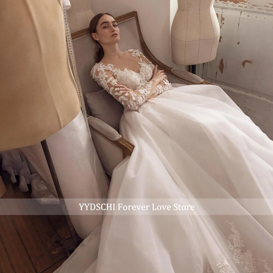 Elegantes Langarm-Prinzessinnen-Hochzeitskleid 2026 mit Spitzenapplikationen, Perlen und Illusionsrücken Ballkleid Brautkleid Vestido De Novia – Detail 6