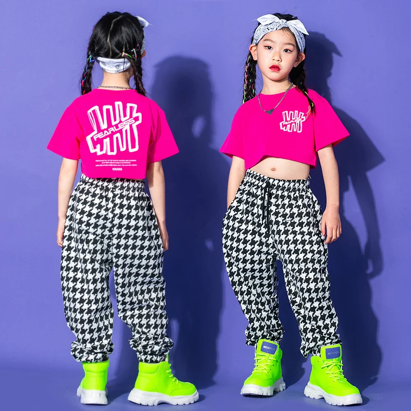 

Детская танцевальная одежда в стиле хип-хоп, розовая футболка, топы, футболка, уличная одежда, брюки с рисунком «гусиные лапки» для девочек и мальчиков, джазовые сценические танцевальные костюмы