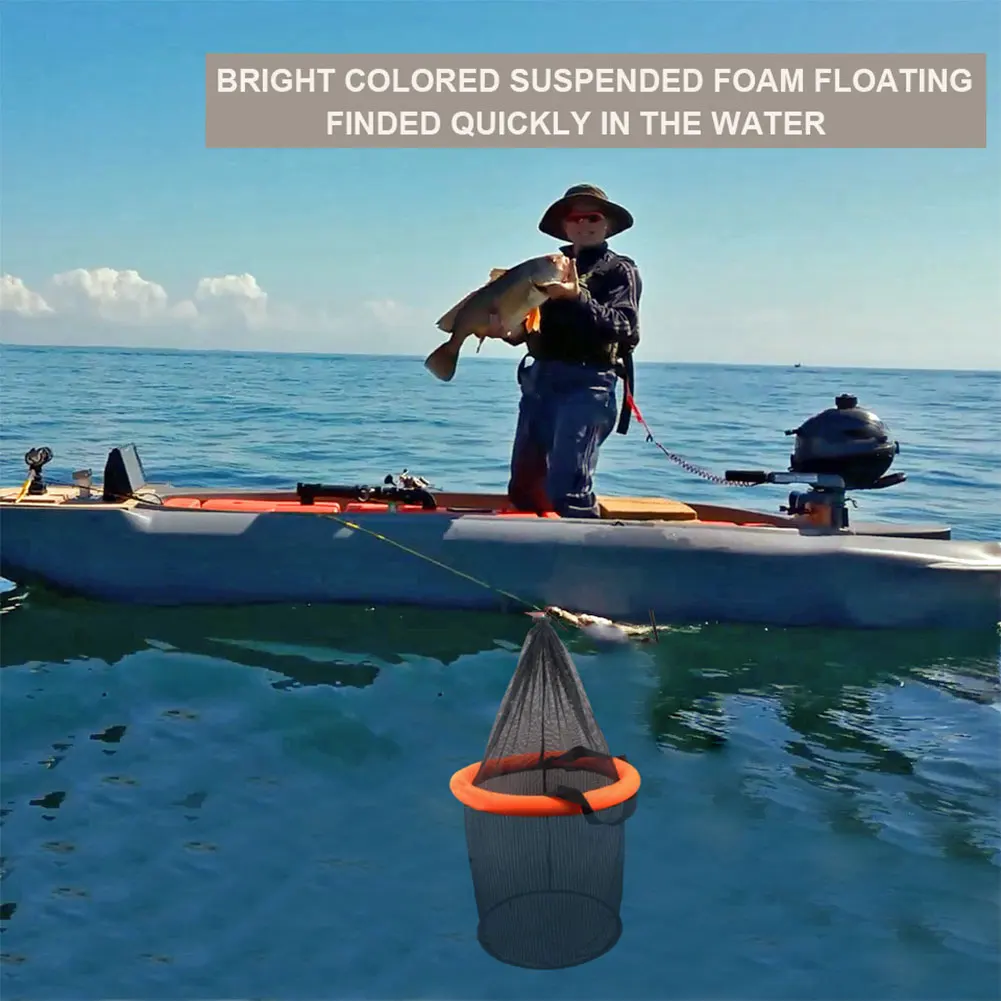 Floating Fishing Bait Basket Mesh Live Fish Net Cage Foldable Fishing Holder Bucket for Caught Fish