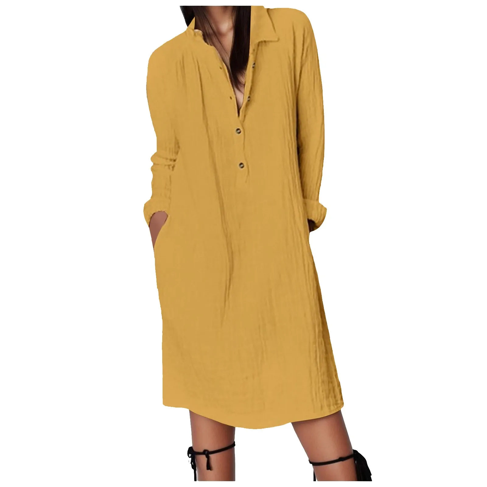 

Women's Solid Color Lapel Buttons Casual Fashion Cotton Linen Shirt Dresses Simple Temperament Loose Long Sleeve Commuter Dress