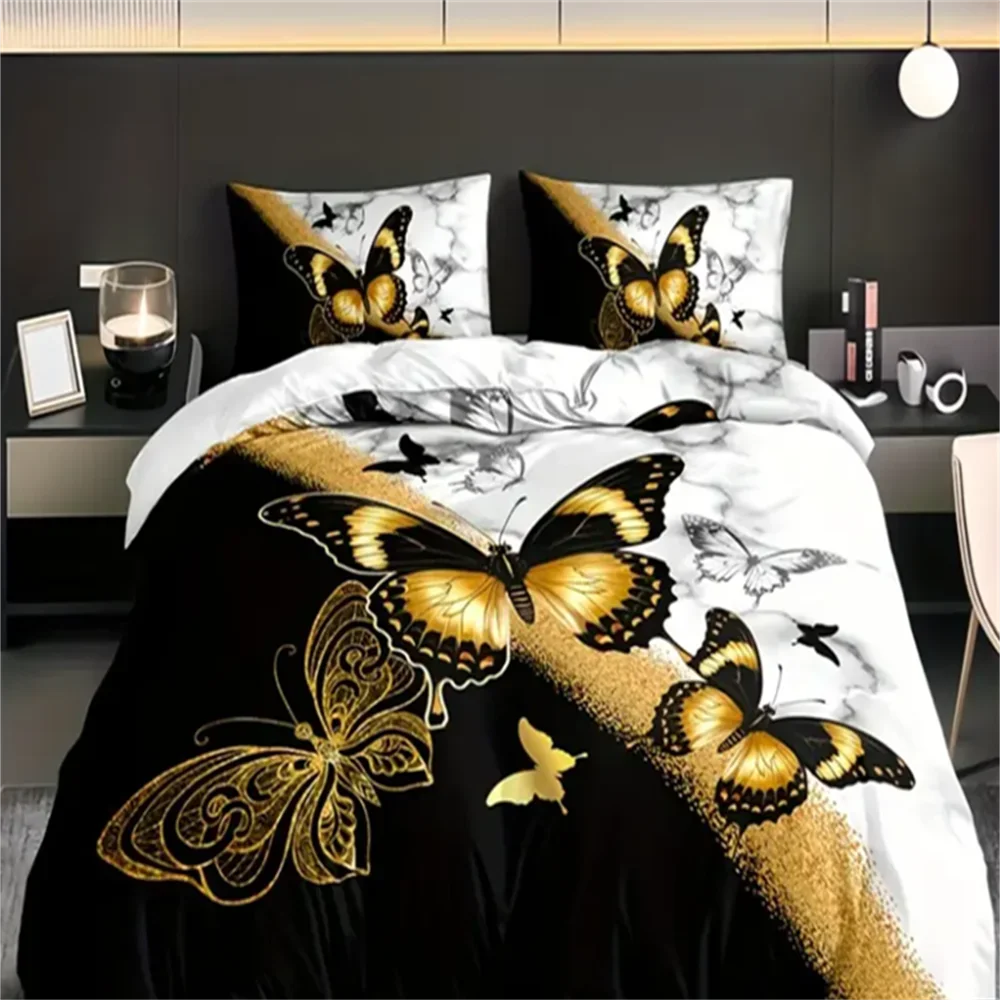3pcs Golden Butterfly Duvet Cover Set, Black and White, Breathable Polyester, All-Season, Digital Print, Duvet Cover For Bed