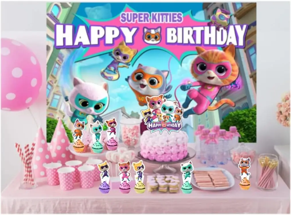 48 Pcs Kitten Cupcake Kit - 24 Cat Toppers & 24 Blue Pink Liners For Pet Themed Birthday Party
