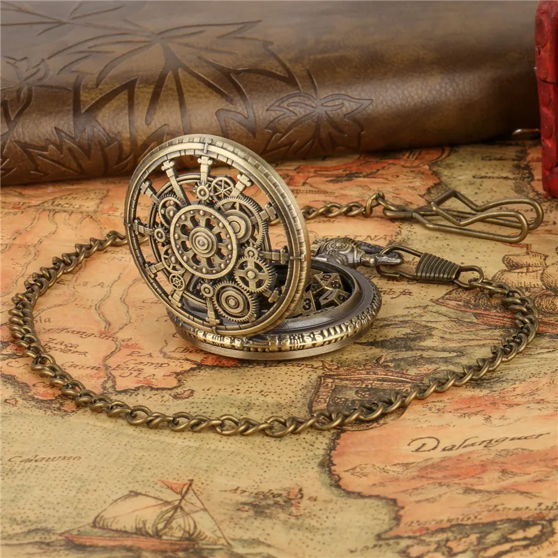 Bronze Hollow Gear Taschenuhrengehäuse mit FOB-Kette, 7-teiliges polyedrisches Würfelset aus Metall, Rollenspiel-Brettspiele-Zubehör – Detail 3