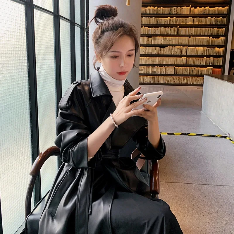 

2024 Autumn Winter Women Trench Coat Adjustable Waist PU leather jacket Casaco Feminino Harajuku Abrigo Mujer Long Femme
