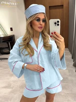 Clacive Fashion Loose Blue Cotton Home Women's Two Pieces Set 2025 Elegant Long Sleeve Shirt With High Waist Shorts Set Female - Image 2
