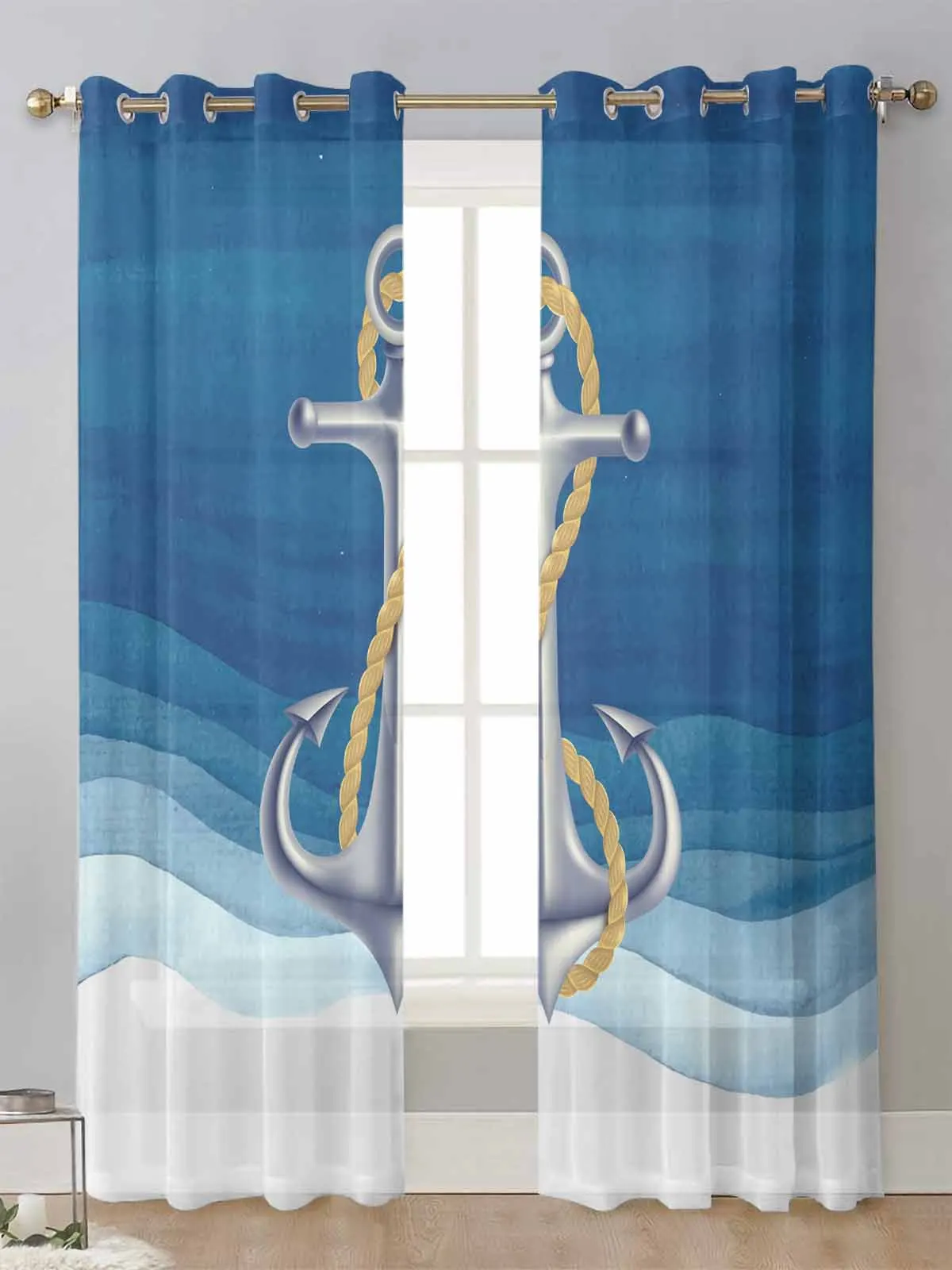 

Blue Ocean Anchor Nautical Sheer Curtains For Living Room Window Transparent Voile Tulle Curtain Cortinas Drapes Home Decor