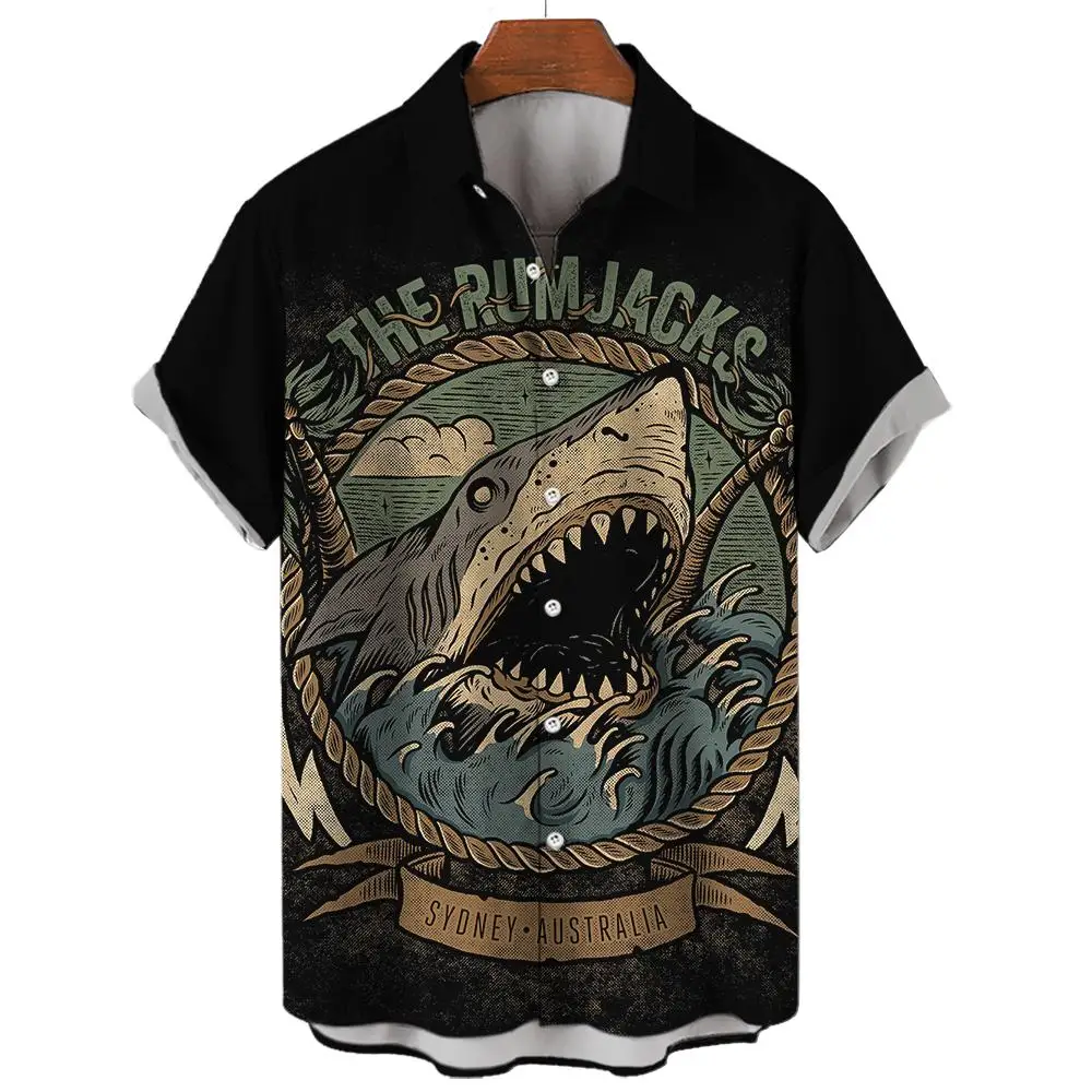 New Men's Hawaiian Beach Button Shirts Short Sleeve Animal Shark 3D Print Casual Lapel Fashion Collar Retro Clothes Hiphop 2