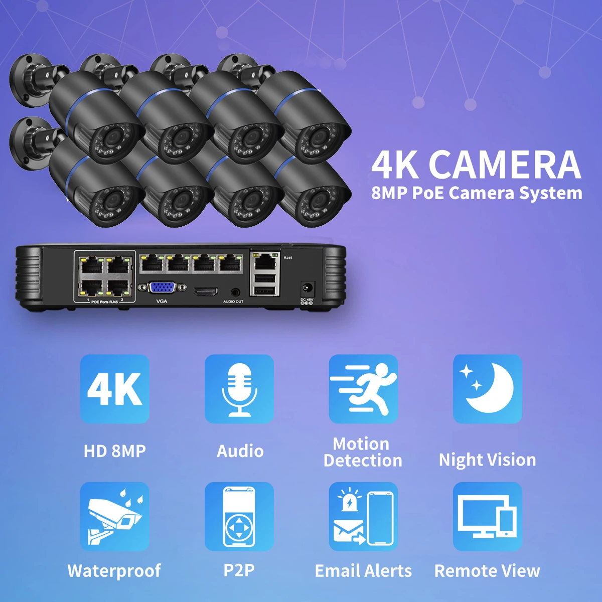 AZISHN 야외 야간 투시 오디오 8채널 8MP POE NVR AI 보안 IP 카메라 가정용 비디오 모니터링 키트