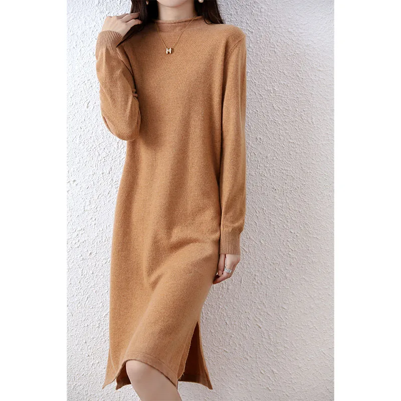 Tailor Sheep 100% Merino Wool Knitted Sweater Dress for Women Winter/Autumn O-Neck Female Dresses Long Style Jumper Girl Clothes