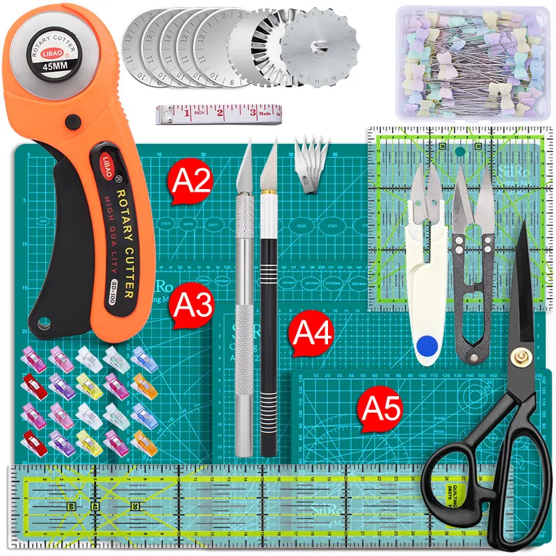 Nicecho Rotary Cutter Set,Sewing Quilting Supplies,45mm Fabric Cutters,A3 Cutting Mat for Sewing,Acrylic Rulers,Scissors,Exacto Knife,Clips