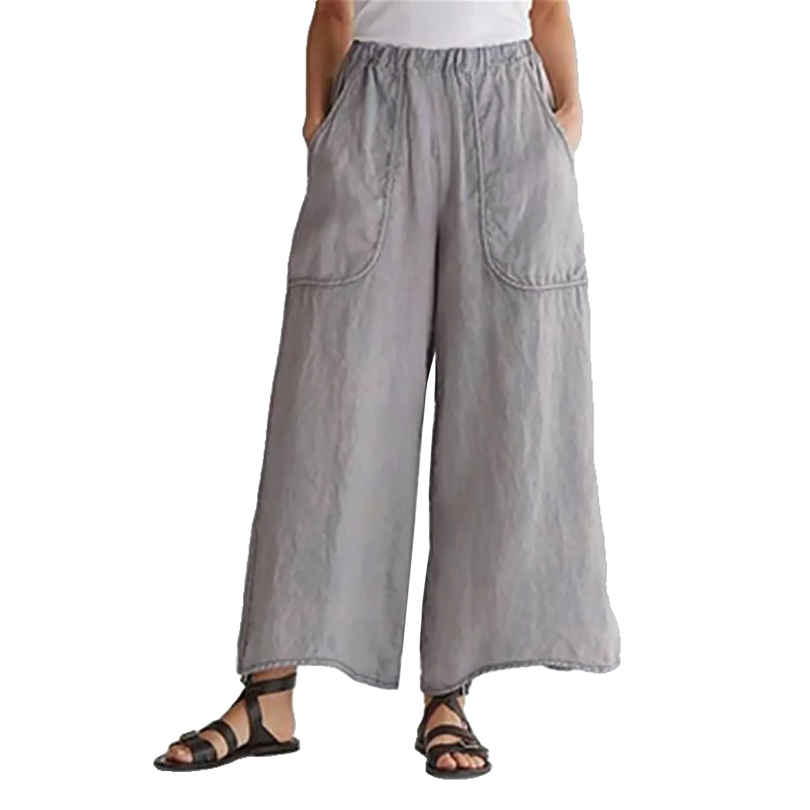 

Womens Wide Leg Pants Cotton Linen Trousers Loose Pockets Solid Oversized Jogger Elastic Waist Sweatpants Beach Straight Pants