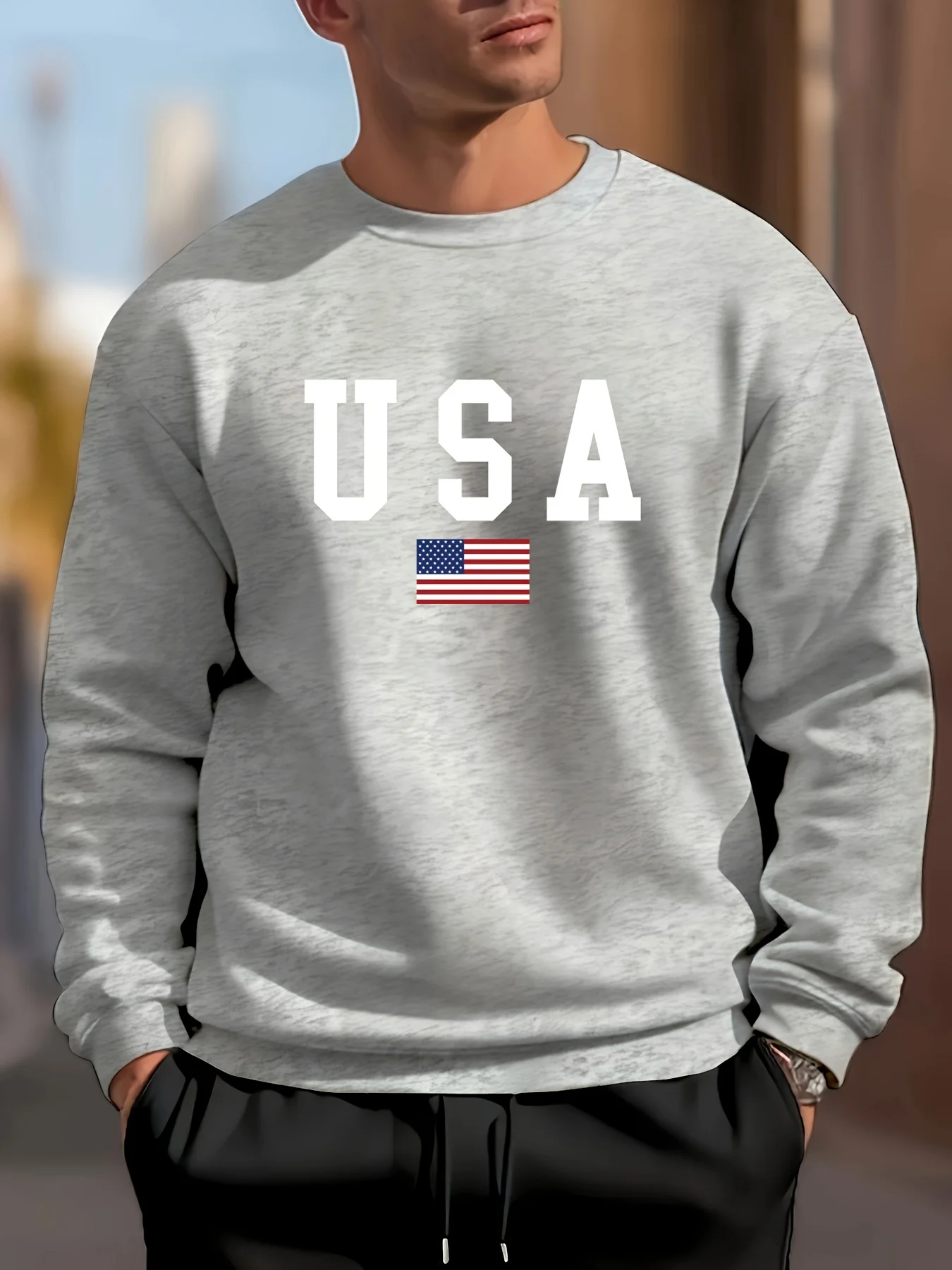 Men's autumn and winter fashionable casual loose American flag print pullover long sleeved warm round neck sweatshirt