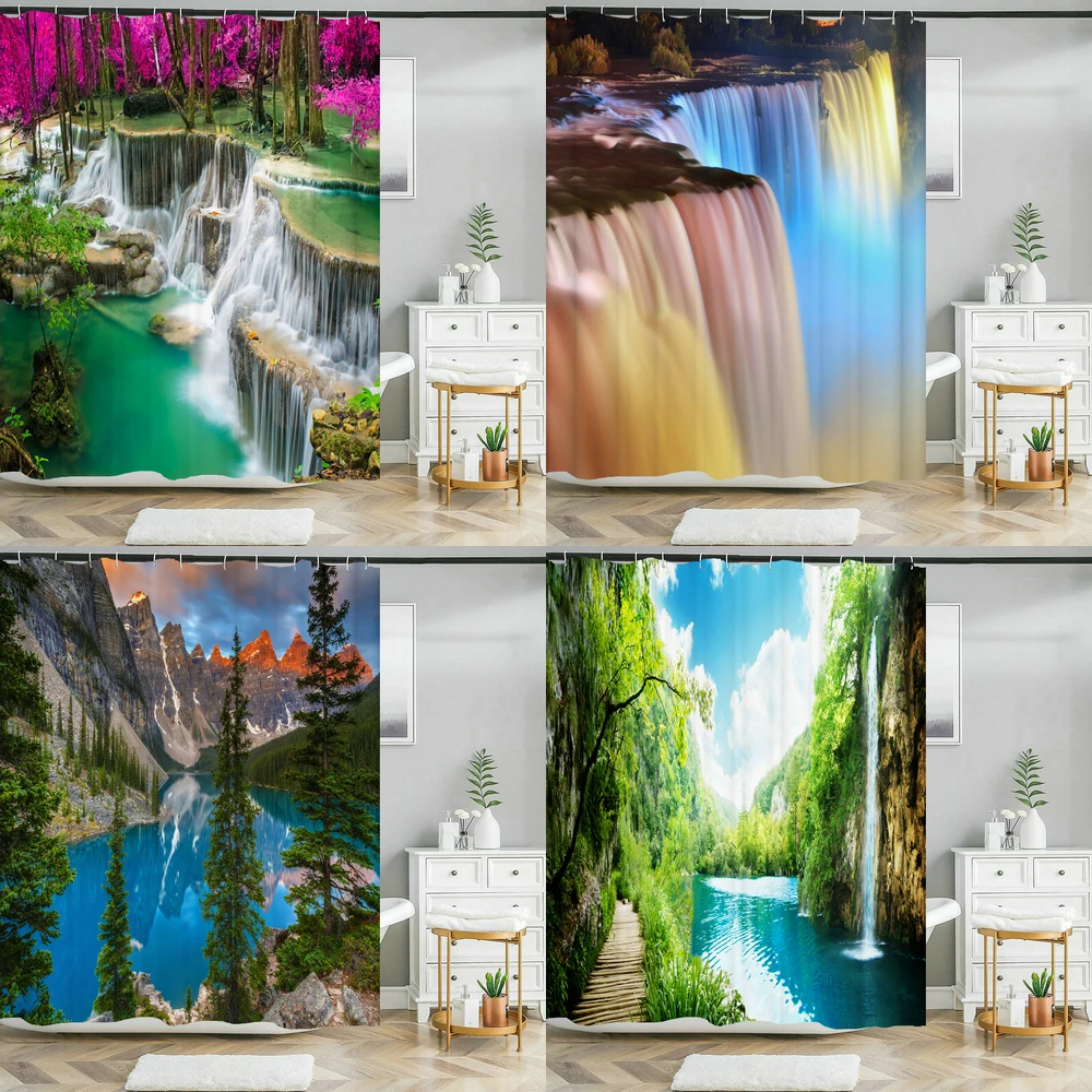 

Natural Scenery Shower Curtain Set Forest Waterfall Spring Landscape Home Bathtub Decor Waterproof Polyester Bathroom Curtains