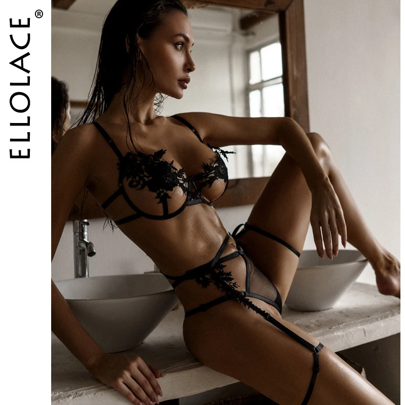 

Ellolace Sensual Lingerie Open Bra Sissy Underwear 3-Piece Uncensored Garter Thongs See Through Sexy Exotic Sets Lace Intimate