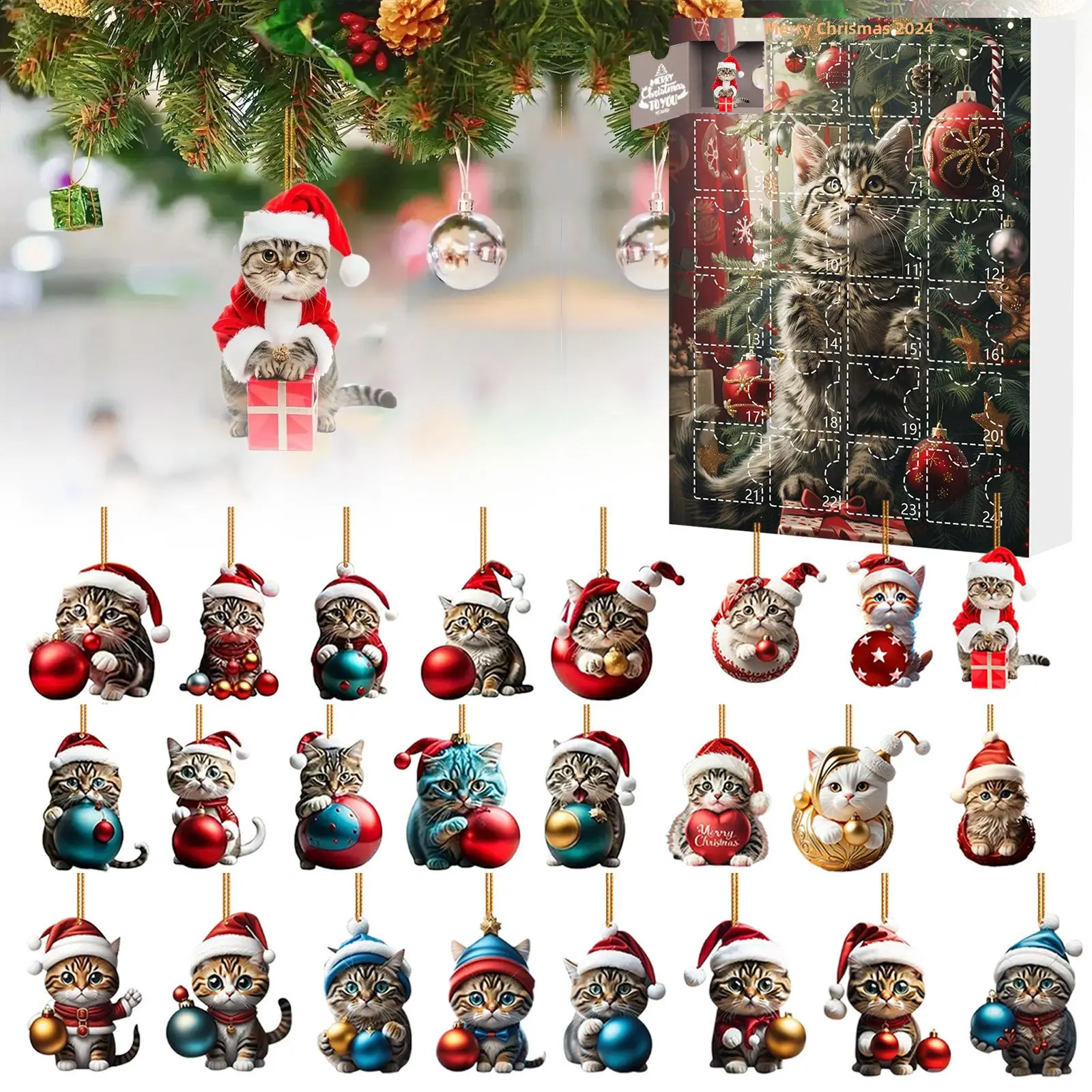 Advent Calendar Christmas Cat Countdown Calendar Cute Animal Hanging Decoration New Year Christmas Tree Decoration