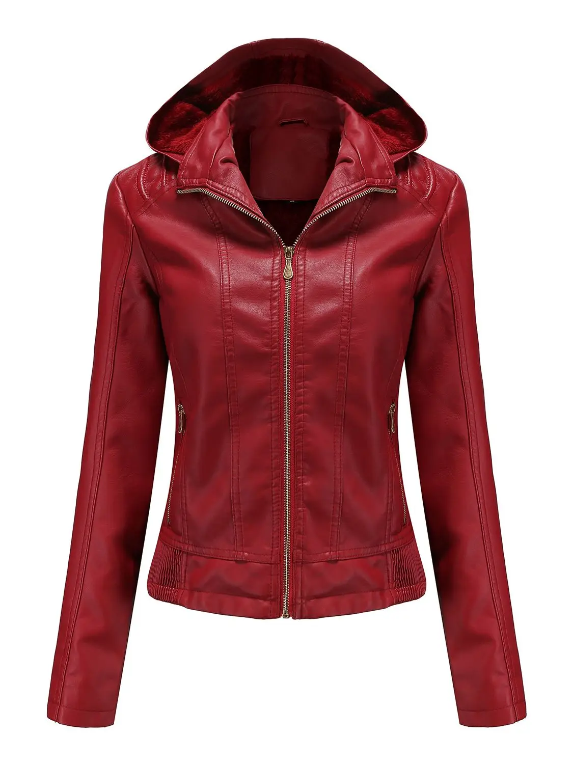 Winter Hooded Faux Leather Jackets Women Long Sleeve Fleece Moto