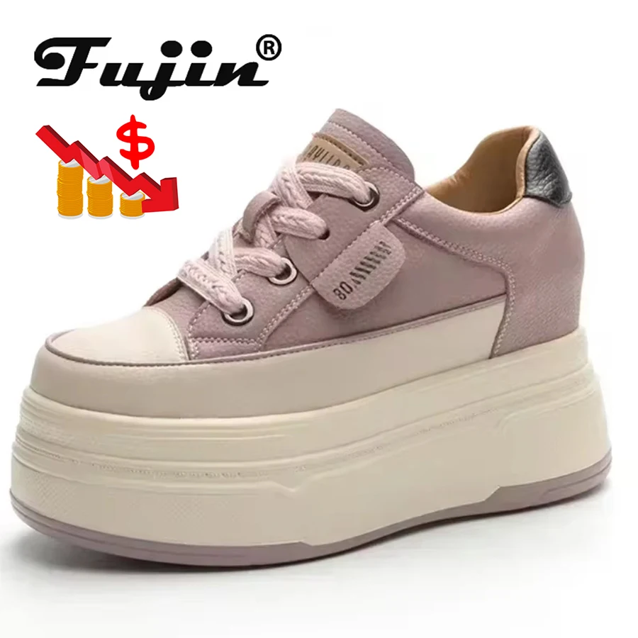 Fujin 9cm Cow Suede Genuine Leather Women Vulcanized Shoes Platform Wedge Skate Boarding High Brand Heels Casual Summer Shoes