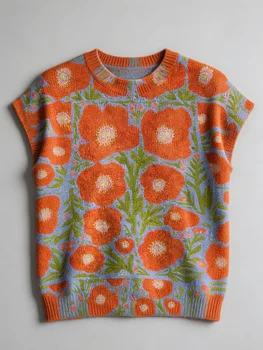 Women's Retro Poppy Flower Jacquard Knit Top, Casual Loose Short Sleeve Round Neck Knitted Blouse, Boho Floral Print Pullover Sweater Vest for Spring Summer Fall 2