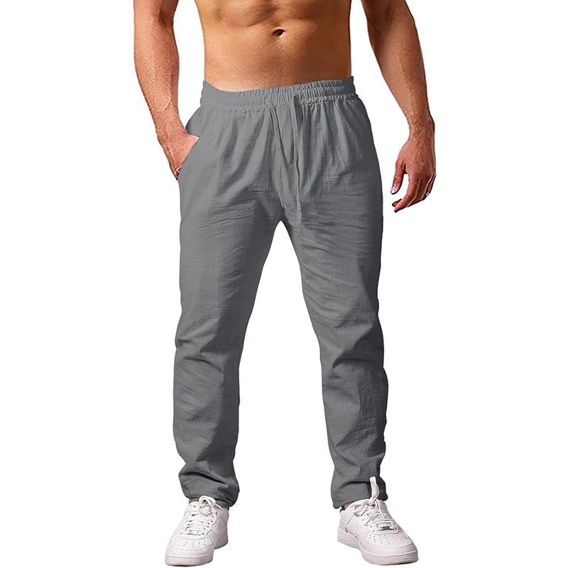 New Men's Lightweight Long Pants Summer Loose Fit Trousers for Holidays Breathable Linen Streetwear Men Fitness Sweatpants 5