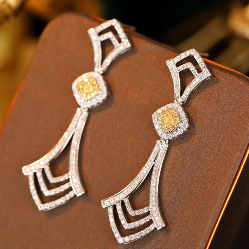 Aazuo 18K Solid White Gold Real Yellow&White Diamonds Luxuly Irregular Long  Drop Earring Gifted For Women Wedding Party  Au750