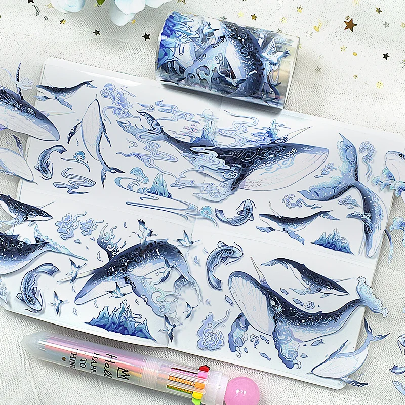 푸른 고래 pet 테이프 동물 마스킹 테이프 다이어리 스티커, 스크랩북 저널 용품, 미적 문구, DIY 카드 공예, 1 롤