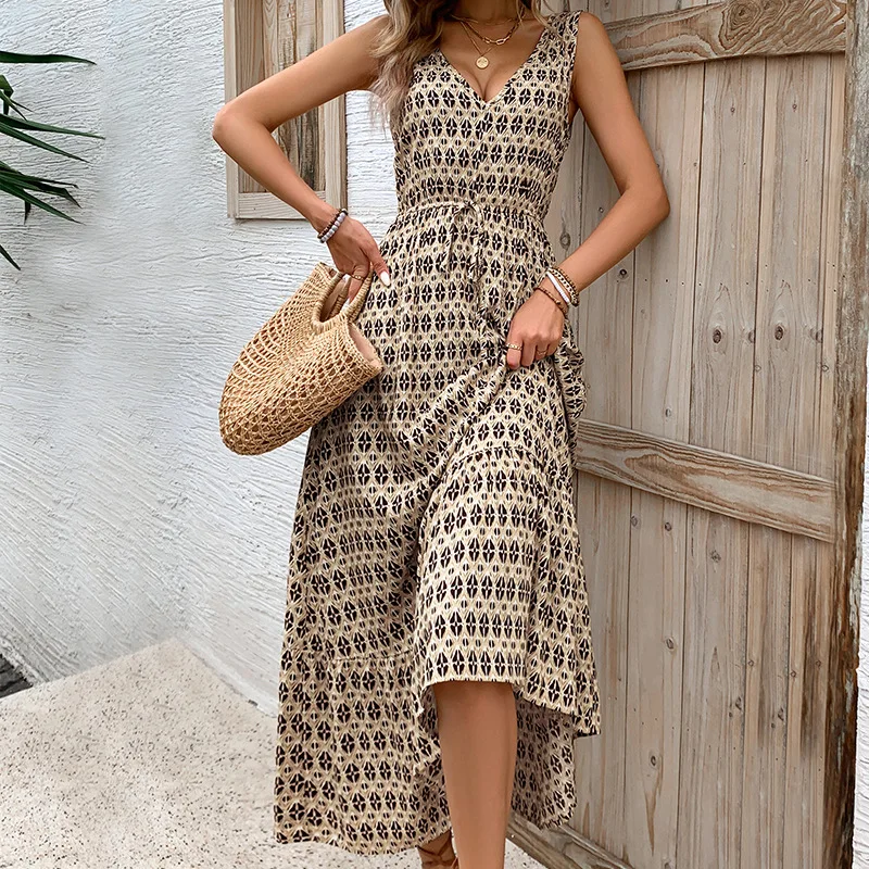 

2024 New Summer Women's Rhombus Printed Sleeveless Dress Maxi Dress Women Clothing