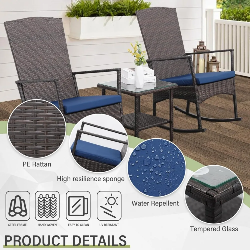 Outdoor Rocking Chair 3 Piece Porch Chairs PE Wicker Patio Bistro Set Brown Rattan Furniture Sets with Coffee Table, Navy 4